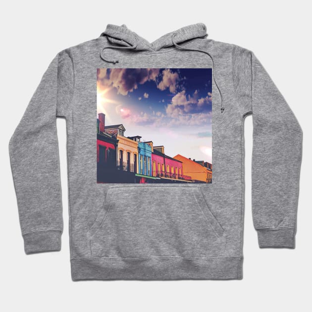 Sunny Cloudy Skies and Iconic Colorful Rainbow New Orleans French Quarter Nola Homes Yellow Light Blue Pink Orange Architecture Minimal Cityscape in Southern Louisiana Hoodie by Little Shop of Nola